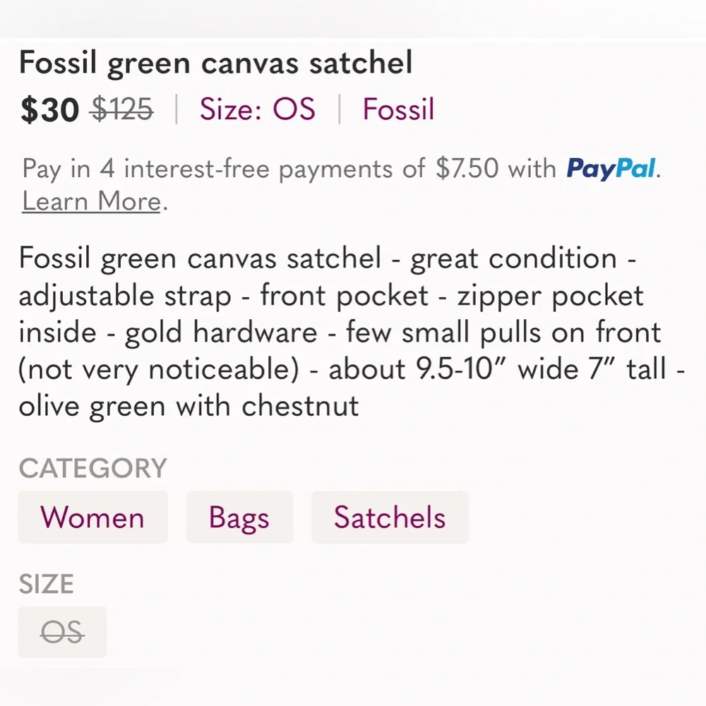 Fossil Olive Green Canvas Satchel with Brown Trim